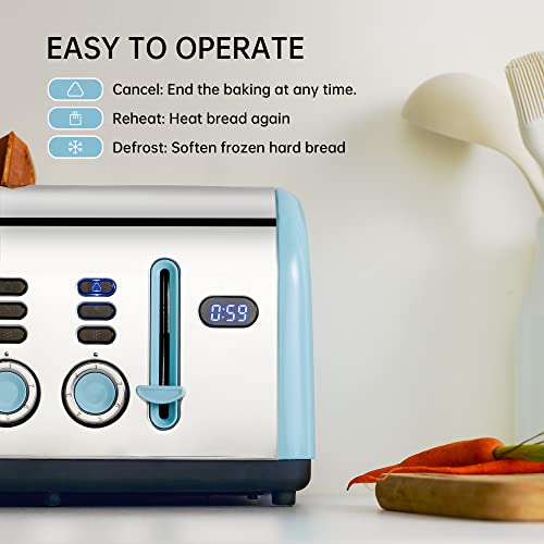  Toaster 4 Slice, REDMOND Retro Stainless Steel Toasters With LED Digital Countdown Timer Display, Dual Independent Control Panel, Reheat Defrost Cancel Function, High Lift Lever, Blue