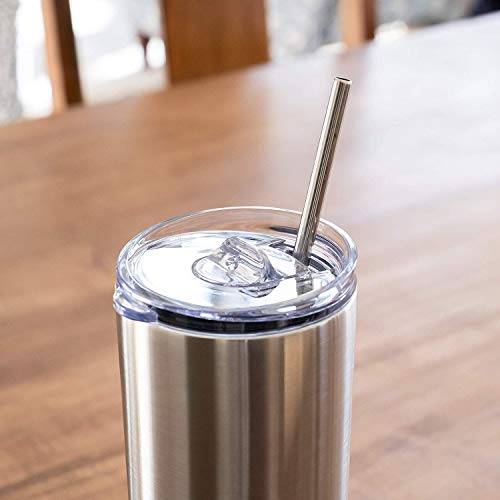  Kinny Tumblers With Lids And Straws (4 Pack) - 20 Oz Double Wall Insulated Slim Stainless Steel Silver Tumblers With Straw Cleaner | Reusable Travel Mug For Hot And Cold Beverages