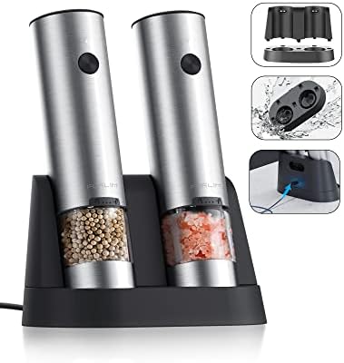  Electric Salt And Pepper Grinder Set Battery Operated, Automatic One Handed Operation Salt And Pepper Mill, Stainless Steel Electric Pepper Shaker With Light, Adjustable Ceramic Grinder - 2 Pcs