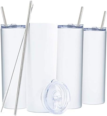  Kinny Tumblers With Lids And Straws (4 Pack) - 20 Oz Double Wall Insulated Slim Stainless Steel Silver Tumblers With Straw Cleaner | Reusable Travel Mug For Hot And Cold Beverages