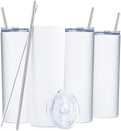  Kinny Tumblers With Lids And Straws (4 Pack) - 20 Oz Double Wall Insulated Slim Stainless Steel Silver Tumblers With Straw Cleaner | Reusable Travel Mug For Hot And Cold Beverages