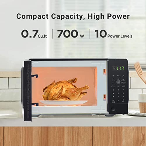  Countertop Microwave Oven With Child Lock, Small Microwave Ovens With Removable Turntable Push Button Door, 6 Auto Menus, 0.7 Cu.Ft, 700W, Black