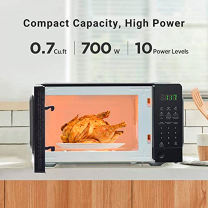  Countertop Microwave Oven With Child Lock, Small Microwave Ovens With Removable Turntable Push Button Door, 6 Auto Menus, 0.7 Cu.Ft, 700W, Black