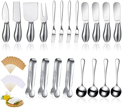  Charcuterie Board Accessories Cheese Spreader Knife Set Cheese Butter Knife Stainless Steel Mini Serving Tongs Spoons Appetizer Forks For Pastry Christmas (Silver, 20 Pieces)