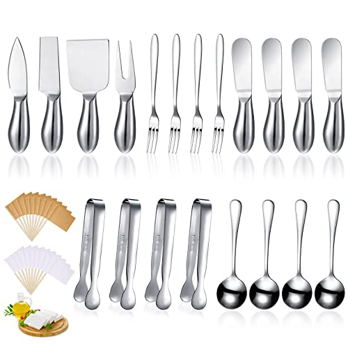  Charcuterie Board Accessories Cheese Spreader Knife Set Cheese Butter Knife Stainless Steel Mini Serving Tongs Spoons Appetizer Forks For Pastry Christmas (Silver, 20 Pieces)