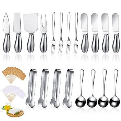  Charcuterie Board Accessories Cheese Spreader Knife Set Cheese Butter Knife Stainless Steel Mini Serving Tongs Spoons Appetizer Forks For Pastry Christmas (Silver, 20 Pieces)