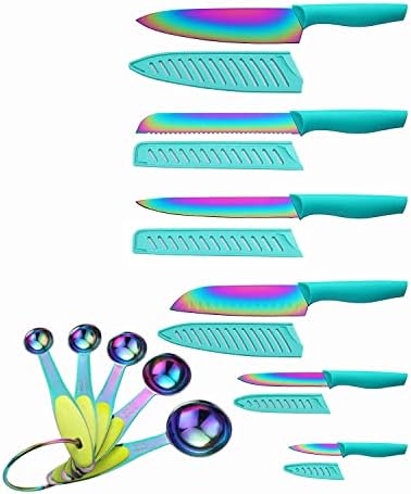  DISHWASHER SAFE Kitchen Knife Set, Marco Almond® KYA37 12-Piece Rainbow Titanium Stainless Steel Boxed Knives Set For Kitchen With Sheath, 6 Knives With 6 Blade Guards, Teal