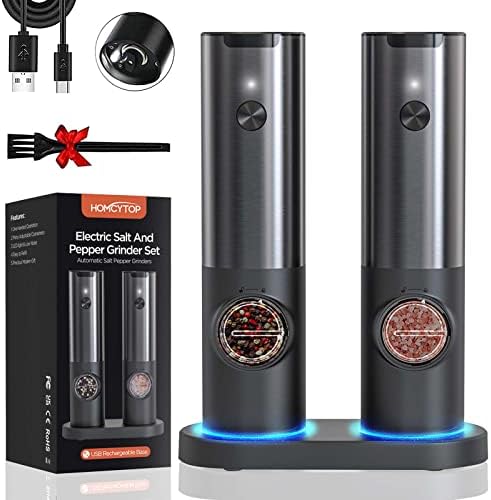  Electric Salt And Pepper Grinder Set W/USB Rechargeable Base, No Battery Needed, One Handed Operation, Automatic Powered Spice Mill Shakers Refillable, Adjustable Coarseness, LED Light