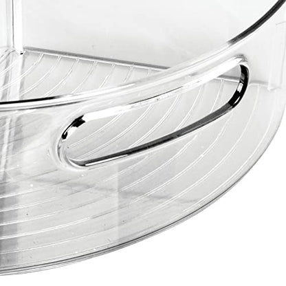  MDesign Plastic Lazy Susan Cabinet Storage Bin With Front Handle For Kitchen Countertop, Pantry, Shelf, Fridge Organization - Hold Food, Drinks, Snacks - Ligne Collection - 2 Pack - Smoke Gray Tint