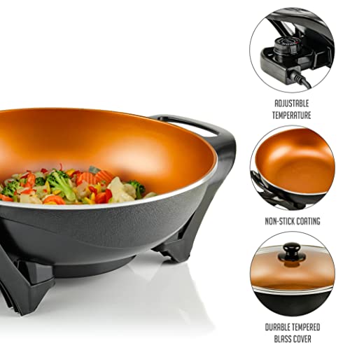  Vente Electric Skillet With Nonstick Coating And Glass Lid, 13 Inch Portable Kitchen Countertop Cooking Wok, Adjustable Temperature Control, Cool Touch Handle, Easy To Use And Clean, Copper SK3113CO