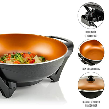  Vente Electric Skillet With Nonstick Coating And Glass Lid, 13 Inch Portable Kitchen Countertop Cooking Wok, Adjustable Temperature Control, Cool Touch Handle, Easy To Use And Clean, Copper SK3113CO