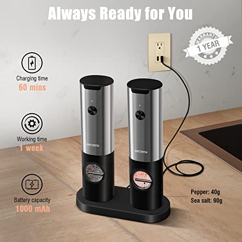  Electric Salt And Pepper Grinder Set With Rechargeable Base, One Hand Operation Automatic Salt And Pepper Grinder Set - White Light - Adjustable Coarseness Pepper Mill Grinders