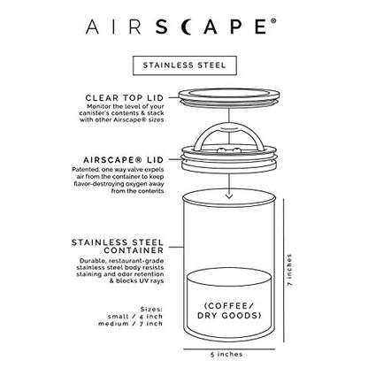  Airscape Stainless Steel Coffee Canister - Set Of 2 - Food Storage Container - Patented Airtight Lid Pushes Out Excess Air - Preserve Food Freshness (Small & Medium, Brushed Steel)