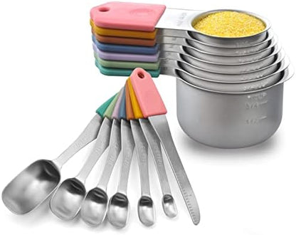  Agnetic Measuring Cups And Spoons Set, Stainless Steel Metal Stackable Nesting Measure Cups,Teaspoon, Tablespoon, 14 Pcs Silicone Handle Kitchen Cooking & Baking Tools, 7 Cups & 6 Spoons &1 Leveler
