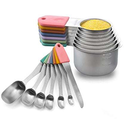  Agnetic Measuring Cups And Spoons Set, Stainless Steel Metal Stackable Nesting Measure Cups,Teaspoon, Tablespoon, 14 Pcs Silicone Handle Kitchen Cooking & Baking Tools, 7 Cups & 6 Spoons &1 Leveler