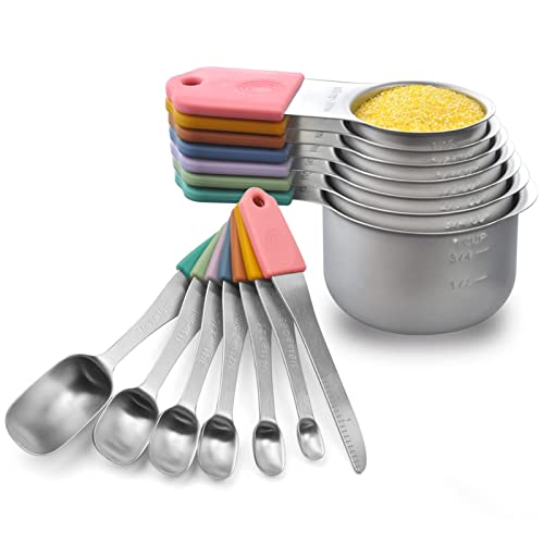  Agnetic Measuring Cups And Spoons Set, Stainless Steel Metal Stackable Nesting Measure Cups,Teaspoon, Tablespoon, 14 Pcs Silicone Handle Kitchen Cooking & Baking Tools, 7 Cups & 6 Spoons &1 Leveler