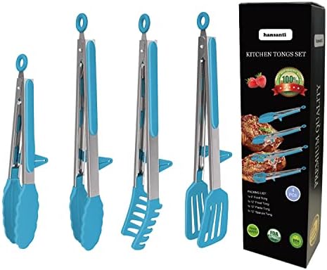  4 Pack Silicone Kitchen Cooking Tongs Set, Stainless Steel Nonstick Food Tong With BPA Free Silicone Tips For Serving Pasta Spaghetti Steak Pie Pizza Salad Vegetable Fruit Grilling BBQ Buffet 9" & 12"