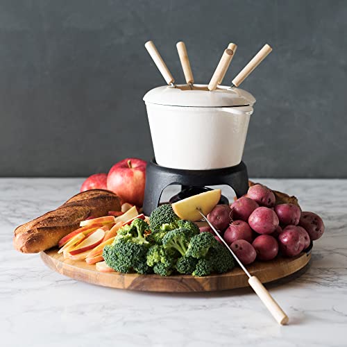  Twine Farmhouse Kitchen Enamel Cast Iron Fondue Set Cheese Melting Pot Metal Stand With Stainless Steel Forks And Chrome Gel Burner, 8.5", Off-Cream