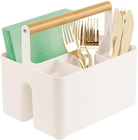  MDesign Plastic Portable Storage Organizer Kitchen Caddy Tote, Divided Bin With Wood Handle For Napkins, Silverware, Forks, Knives, Spoons - Store In Cabinets, Countertops - Charcoal Gray/Natural