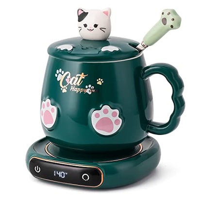  Coffee Mug Warmer & Cute Cat Mug Set, Beverage Cup Warmer For Desk Home Office With Three Temperature Up To 140℉/ 60℃, Coffee Warmer For Cocoa Milk Tea Water Candle, 8 Hours Auto Shut Off