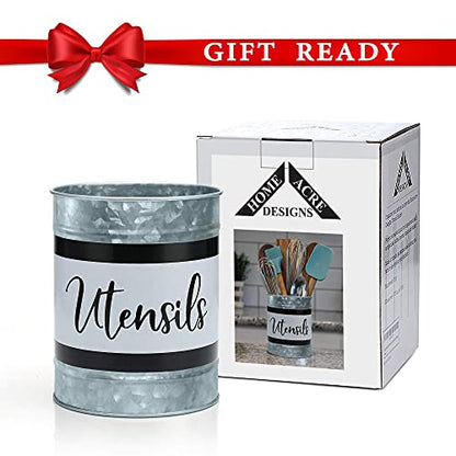  Kitchen Utensil Holder - Farmhouse Crock For Countertop Utensils, Black & White