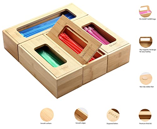  Premium Ziplock Bag Organizer For Drawer - Ultimate Ziploc Bag Organizer, Baggie Organizer For Any Slider Gallon, Quart, Sandwich, Snack (4 Piece Set) (Bamboo) (Bamboo)