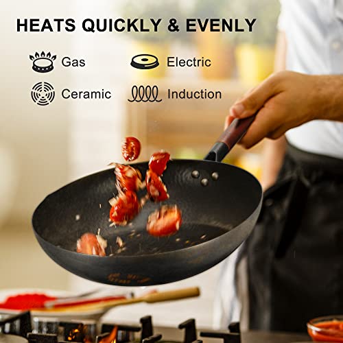  Wok Pan 12.5” Carbon Steel Woks & Stir-Fry Pans Flat Bottom Wok With Lid And Spatula, No Chemical Coated Non-Stick Wok For Electric, Induction And Gas Stoves