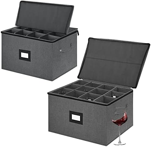  Wine Glass Storage Boxes, Stemware Storage Cases With Divider - China Storage Containers Hard Shell With Lids Holds 12 Wine Glass Or Crystal Glassware Storage Containers, Stackable With Label Window For Transport ,Protection,Moving (Dark Grey)