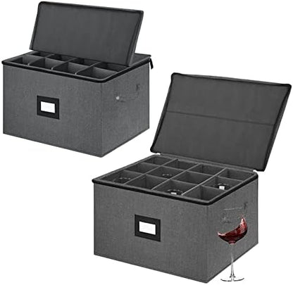  Wine Glass Storage Boxes, Stemware Storage Cases With Divider - China Storage Containers Hard Shell With Lids Holds 12 Wine Glass Or Crystal Glassware Storage Containers, Stackable With Label Window For Transport ,Protection,Moving (Dark Grey)