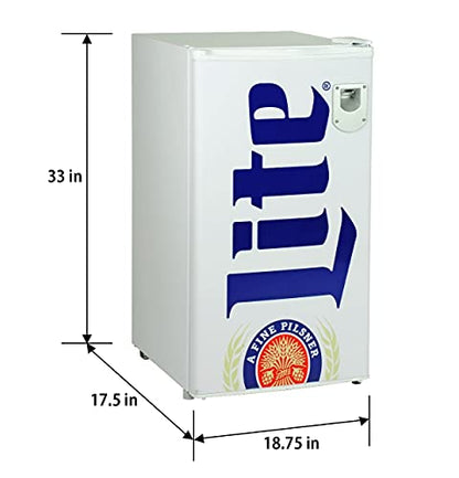  Miller Lite Compact Fridge W/ Bottle Opener, 3.2 Cu Ft (90L), White, Space-Saving Flat Back Design, Reversible Door, Tempered Glass Shelves, Licensed Miller Lite Artwork, Perfect For Beer-Lovers