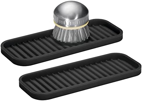  Silicone Kitchen Sink Storage Organizer Holder Tray For Sponges, Soap, Scrubber - Ribbed Base, Quick Dry, Waterproof, Non-Slip, Durable, Heat Resistant - Linelle Collection, 2 Pack, Black