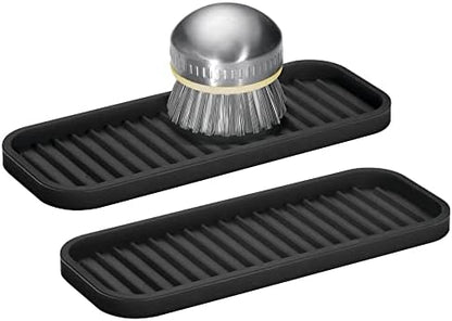  Silicone Kitchen Sink Storage Organizer Holder Tray For Sponges, Soap, Scrubber - Ribbed Base, Quick Dry, Waterproof, Non-Slip, Durable, Heat Resistant - Linelle Collection, 2 Pack, Black