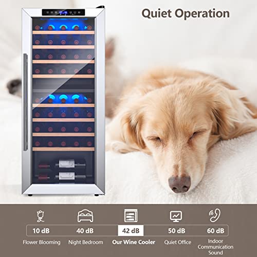  20“ Dual Zone Wine Fridge Refrigerator Cooler, 43 Bottles Freestand Wine & Beverage Center, Wine Cellar W/ 8 Beech Wood Shelves, Glass Door, LED Light, Bar Fridge For Home, Bar