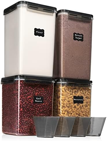  XXL 6.5L / 250 Oz X 2 & XL 5.2L / 175 Oz X 2 - WIDE & DEEP Food Storage Airtight Containers [Set Of 4] + Free 4 Measuring Cups + Labels - Ideal For Sugar, Flour Leakproof BPA Free Clear Plastic