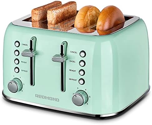 REDMOND Toaster 4 Slice, Retro Stainless Steel Toaster With Extra Wide Slots Bagel, Defrost, Reheat Function, Dual Independent Control Panel, Removable Crumb Tray, 6 Shade Settings And High Lift Lever, White, New Version