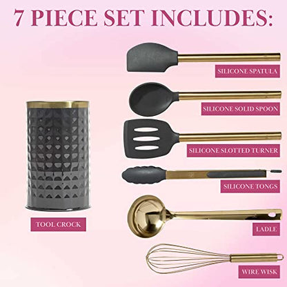  Paris Hilton Kitchen Set Tool Crock With Silicone Cooking Utensils, Stainless Steel Whisk And Ladle, 7-Piece, Gold, Charcoal Gray