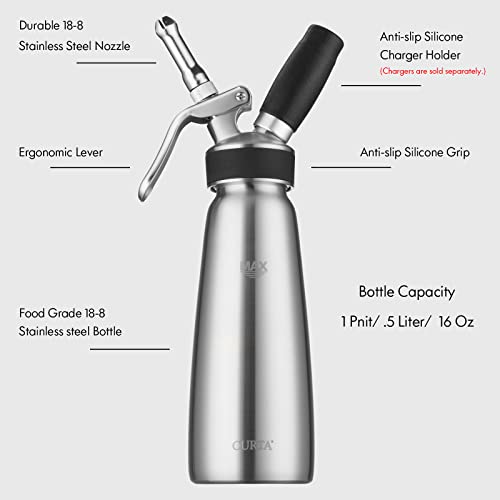  CURTA Professional Whipped Cream Dispenser, 18-8 Stainless Steel Food Grade Cream Whipper, Cream Maker With 3 Decorating Stainless Steel Nozzles, 500ml / 1 Pint Canister, N2O Chargers (Not Included)