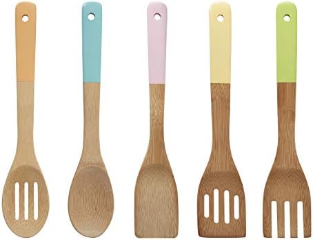 Premier® Housewares Kitchen Utensil Set, Pastel Handles 5 Piece, Bamboo, Multi/Coloured