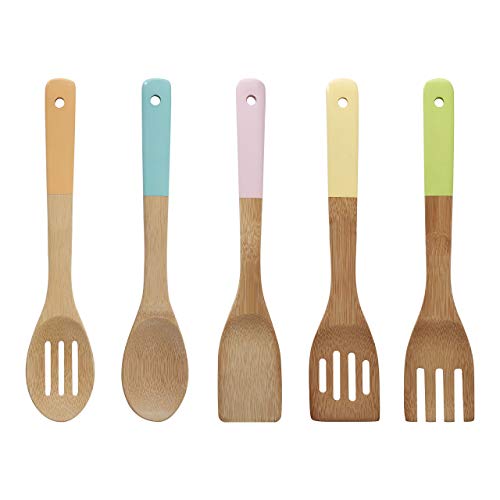 Premier® Housewares Kitchen Utensil Set, Pastel Handles 5 Piece, Bamboo, Multi/Coloured