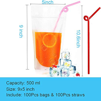  100 Pcs Drink Pouches With Straws, Freezable Drink Bags Juice Pouches, Reclosable Zipper Plastic Clear Reusable Drink Container Sets With Straw For Adults Cold & Hot Drinks