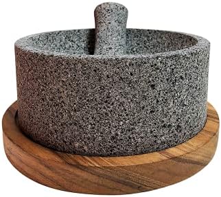  Lava Stone Mortar And Pestle/Molcajete"Chilmamolli" With Wooden Base, Elegant Design, Mexican Molcajete For Guacamole And Sauces (8 Inches)