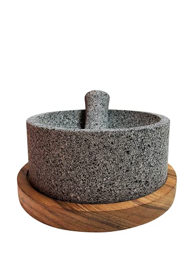  Lava Stone Mortar And Pestle/Molcajete"Chilmamolli" With Wooden Base, Elegant Design, Mexican Molcajete For Guacamole And Sauces (8 Inches)