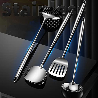  Wok Spatula And Ladle,Skimmer Slotted Spoon Set - Asian Wok Cooking Tools - 304 Stainless Steel Wide Wok Spatula - Wok Utensils Set Professional