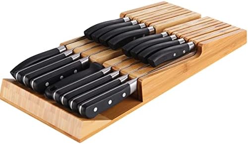  Bamboo In-Drawer Knife Block Set For 16 Knives(Not Included), Large Kitchen Detachable Washable Cutlery Slot Organizer Storage Holder For Sharpening Steel And Cutter