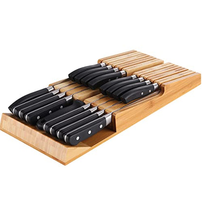  Bamboo In-Drawer Knife Block Set For 16 Knives(Not Included), Large Kitchen Detachable Washable Cutlery Slot Organizer Storage Holder For Sharpening Steel And Cutter