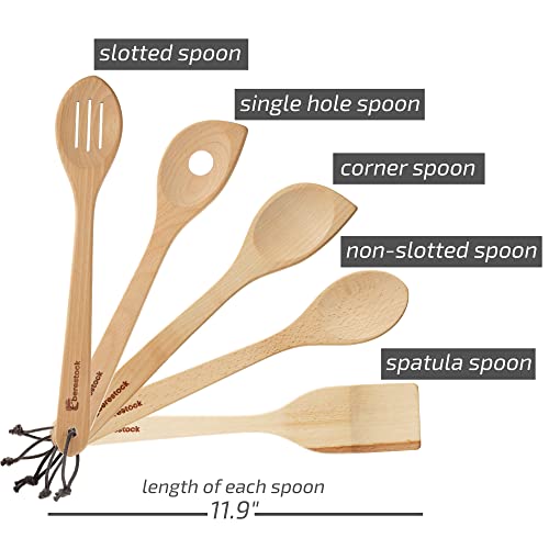  Wooden Spoons For Cooking Kitchen Utensils Set Of 5 Cooking Spoons And Spatula - Natural Beechwood For Nonstick Cookware Heat Resistant Wood Spoons