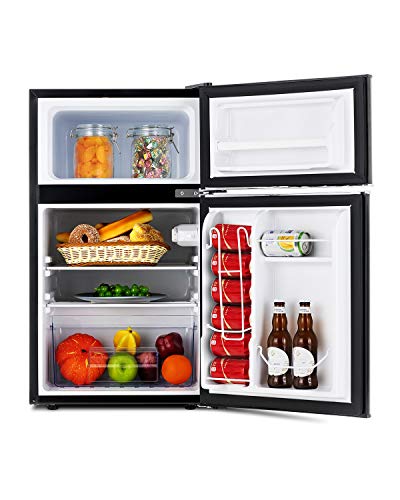  Retro Mini Refrigerator 2-Door Compact Refrigerator For Dorm, Garage, Camper, Basement Or Office, 3.2 Cu.Ft (Black)
