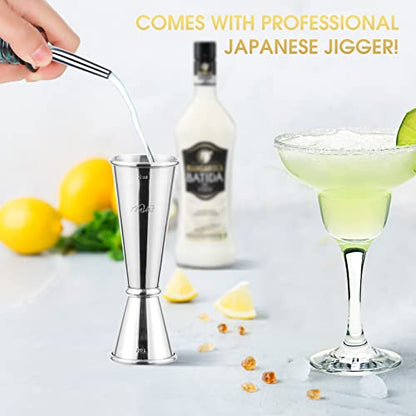 Mixology Bartender Kit With Bamboo Stand And Japanese Jigger | 25-Piece Bar Set Profesional Stainless Steel Bar Tools | Boston Cocktail Shaker Set | Recipe Menu | Barware Present