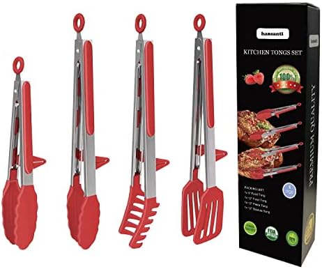 4 Pack Silicone Kitchen Cooking Tongs Set, Stainless Steel Nonstick Food Tong With BPA Free Silicone Tips For Serving Pasta Spaghetti Steak Pie Pizza Salad Vegetable Fruit Grilling BBQ Buffet 9" & 12"