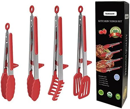  4 Pack Silicone Kitchen Cooking Tongs Set, Stainless Steel Nonstick Food Tong With BPA Free Silicone Tips For Serving Pasta Spaghetti Steak Pie Pizza Salad Vegetable Fruit Grilling BBQ Buffet 9" & 12"